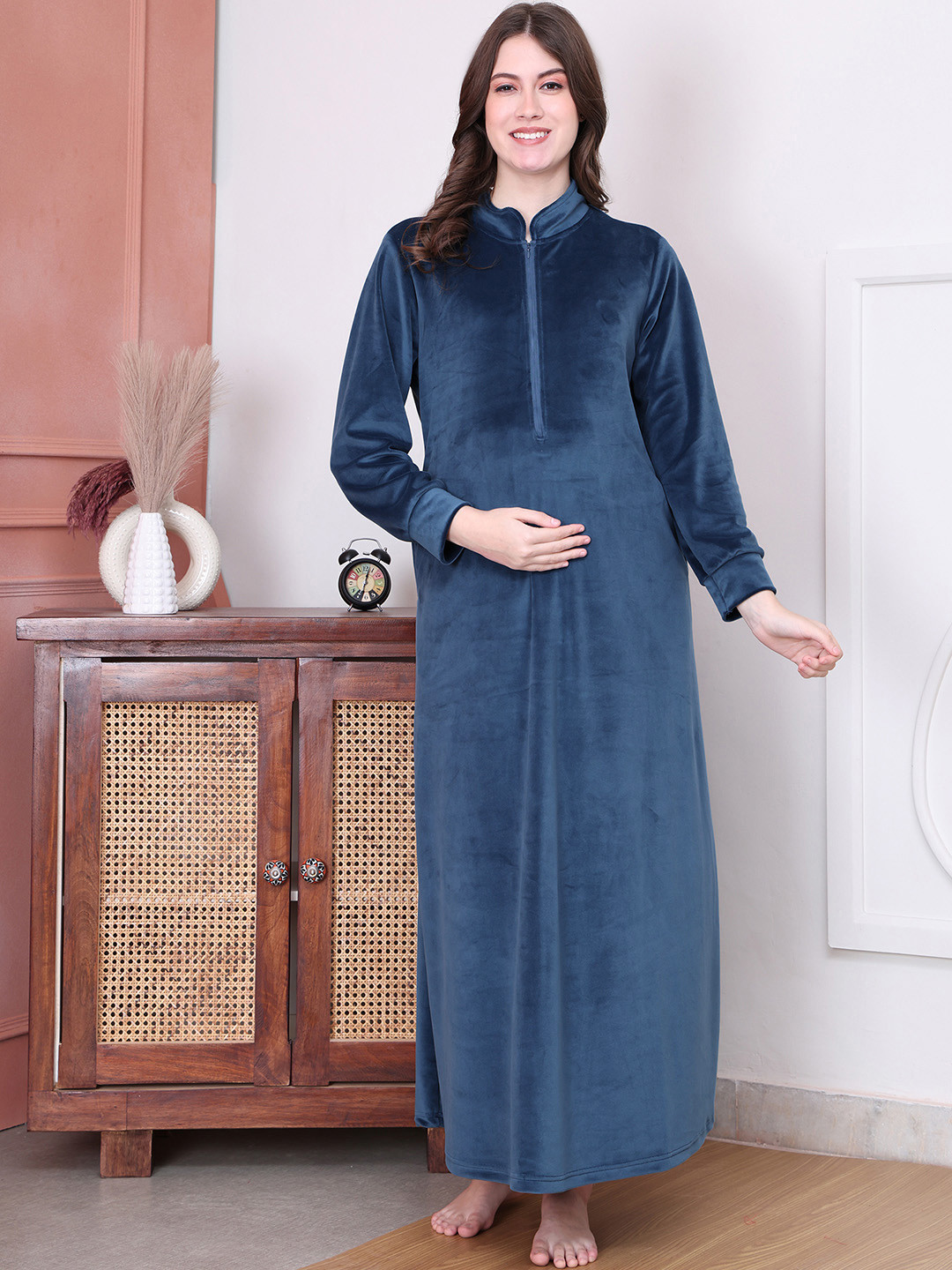 Secret Wish Women Velvet Woolen Maternity Maxi Nightdress