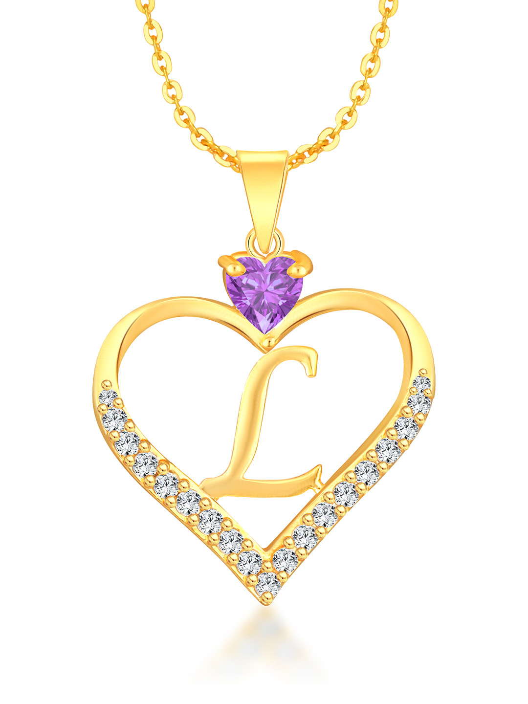 Heer Collection Gold-Plated CZ Studded Alphabet 'L' Heart Shaped Pendant & Chain