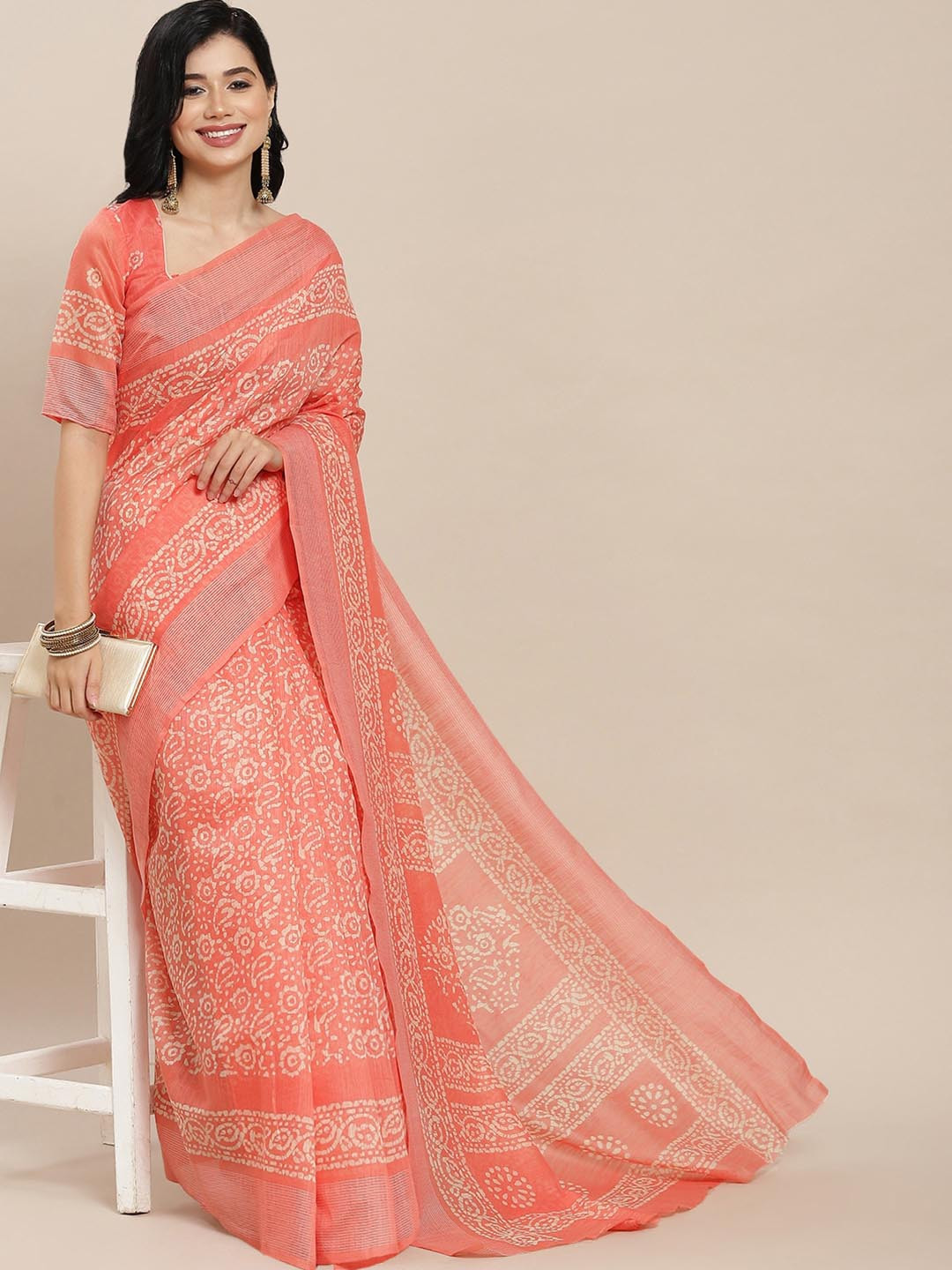 KAVINDI Dabu Printed Embroidered Border Block Print Saree