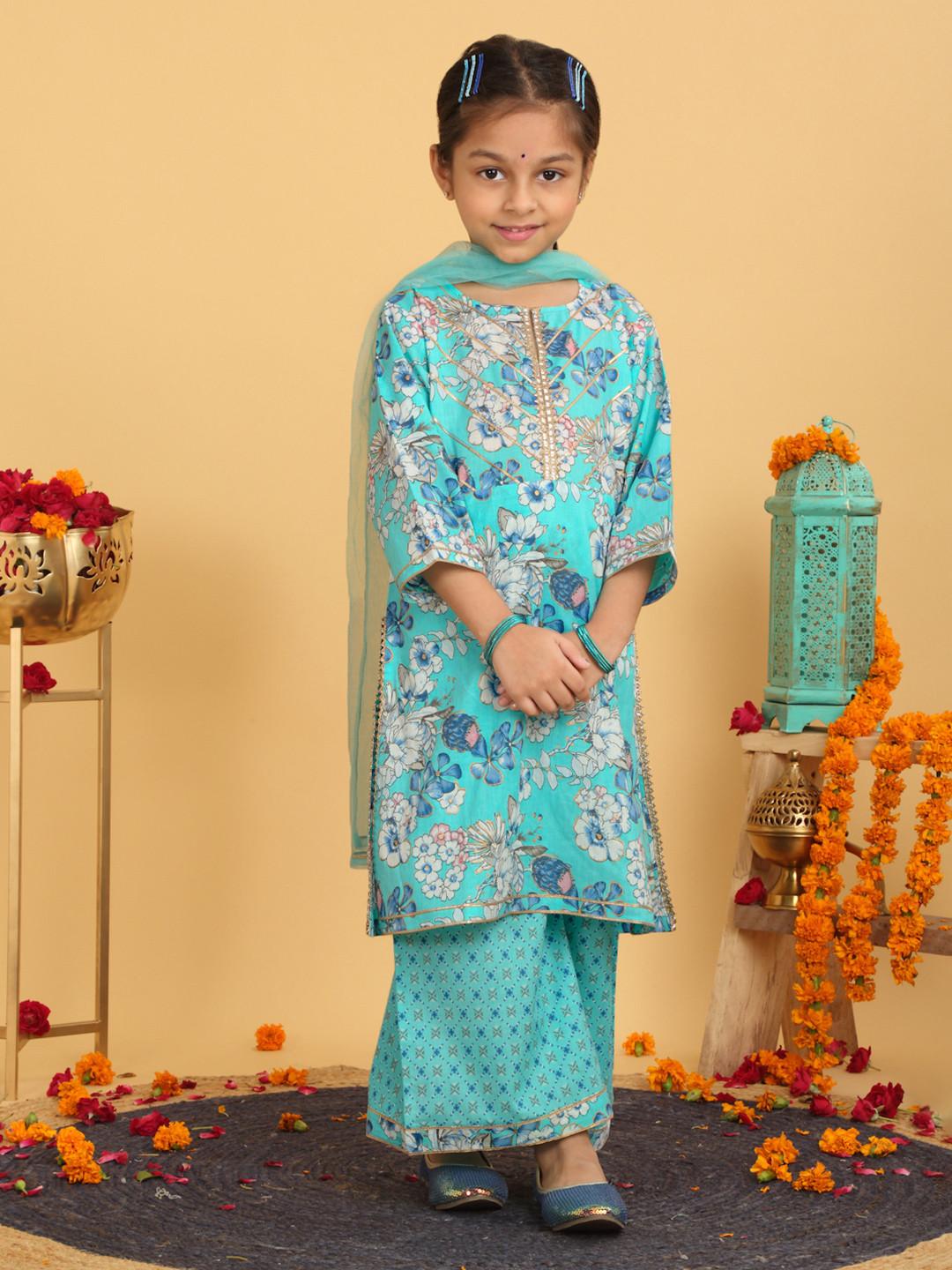 YK X Trampoline Girls Floral Printed Gotta Patti Cotton Kurta With Palazzos & Dupatta