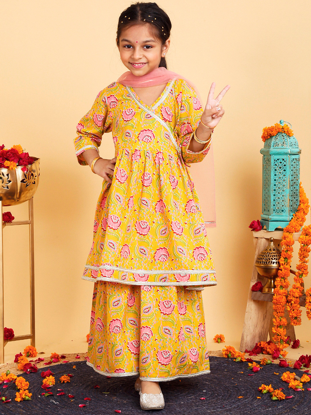YK X Trampoline Girls Floral Printed Angrakha Cotton Kurta With Sharara & Dupatta