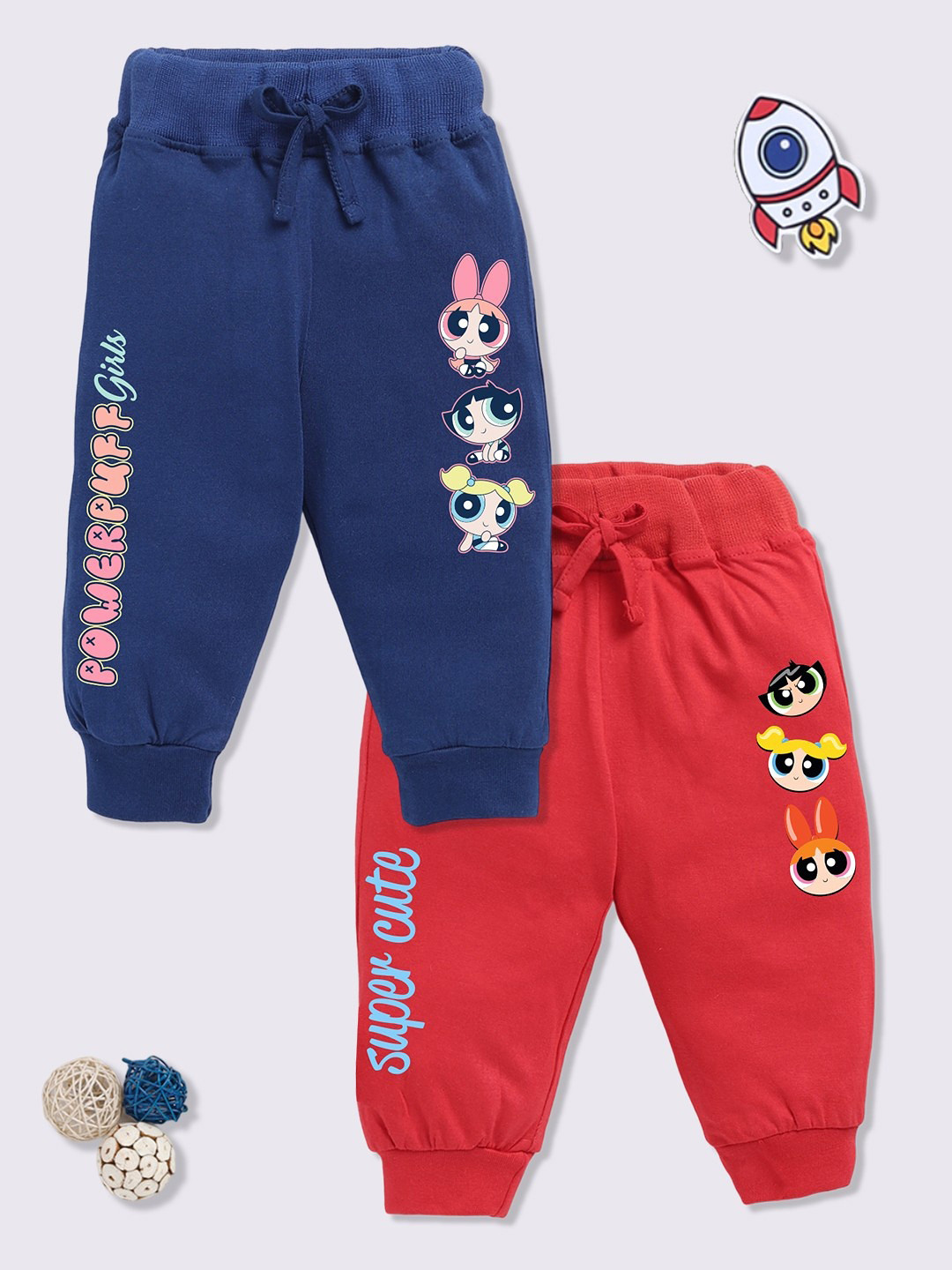 YK X Minute Mirth Infant Girls Pack Of 2 Powerpuff G Printed Pure Cotton Joggers