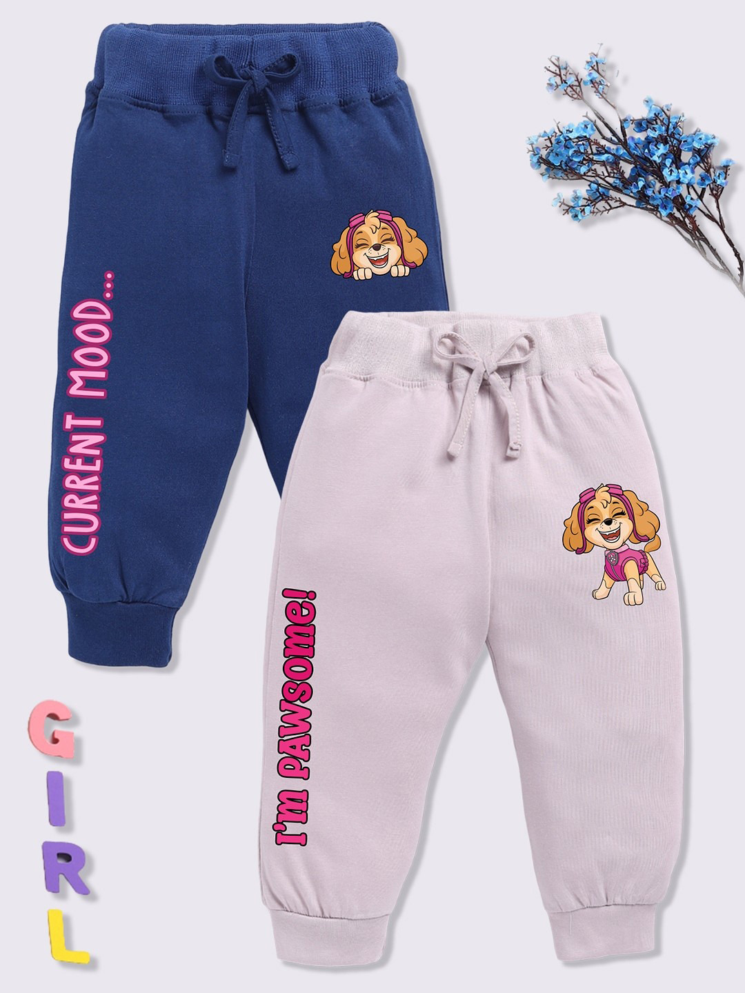 YK X Minute Mirth Infant Girls Pack of 2 Paw Patrol Printed Pure Cotton Joggers