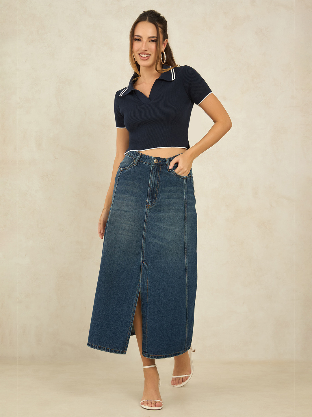 Virgio Pure Cotton Denim Panelled Midi Slit Skirt
