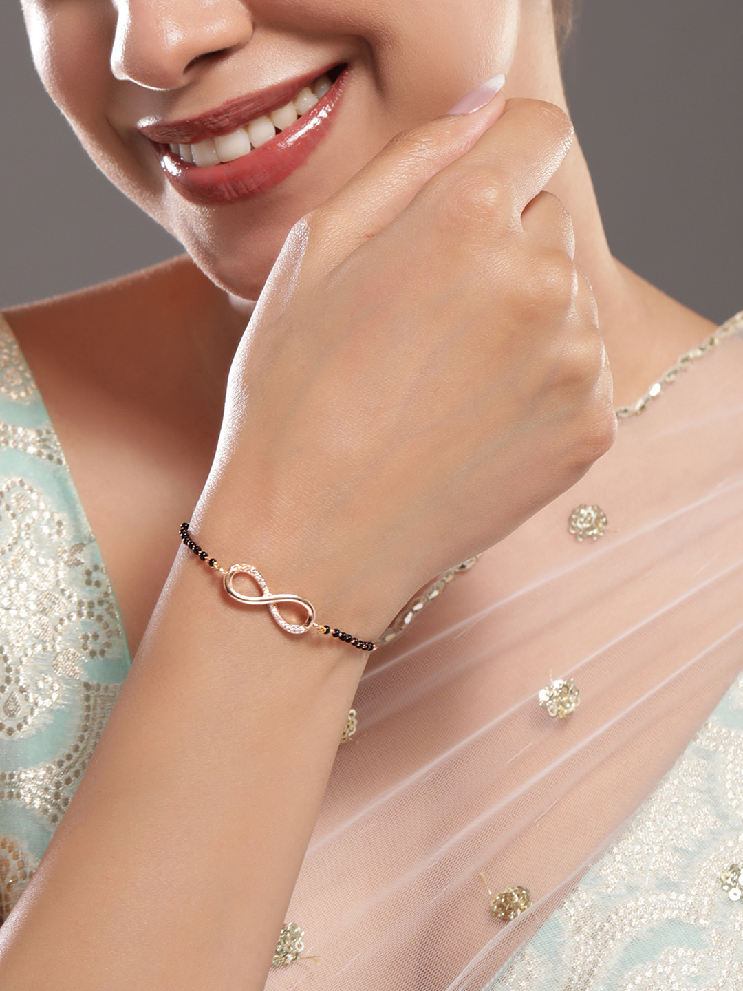 Rubans 18K Rose Gold-Plated Infinity CubicZirconia Studded Adjustable Mangalsutra Bracelet