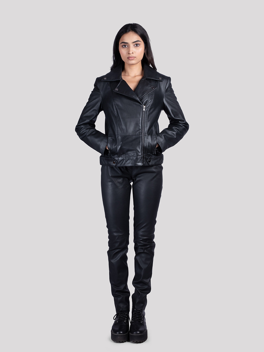 HUE & HIDE Women Lapel Collar Solid Leather Casual Leather Jacket