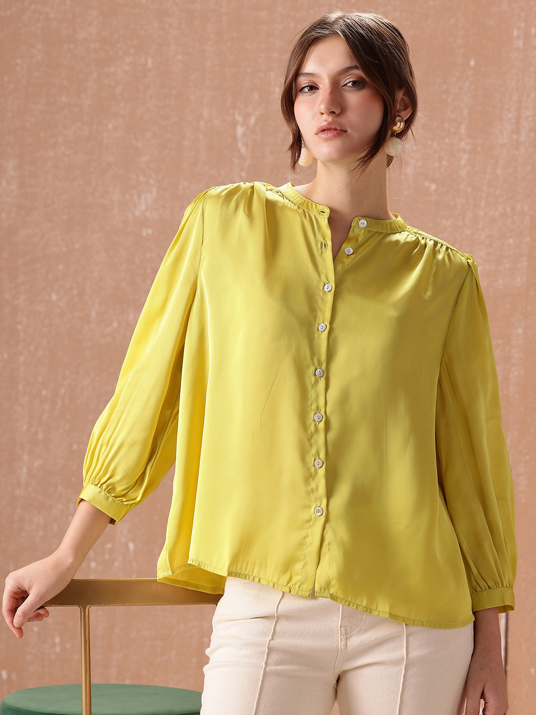 all about you Band Collar Gathers Semiformal Shirt