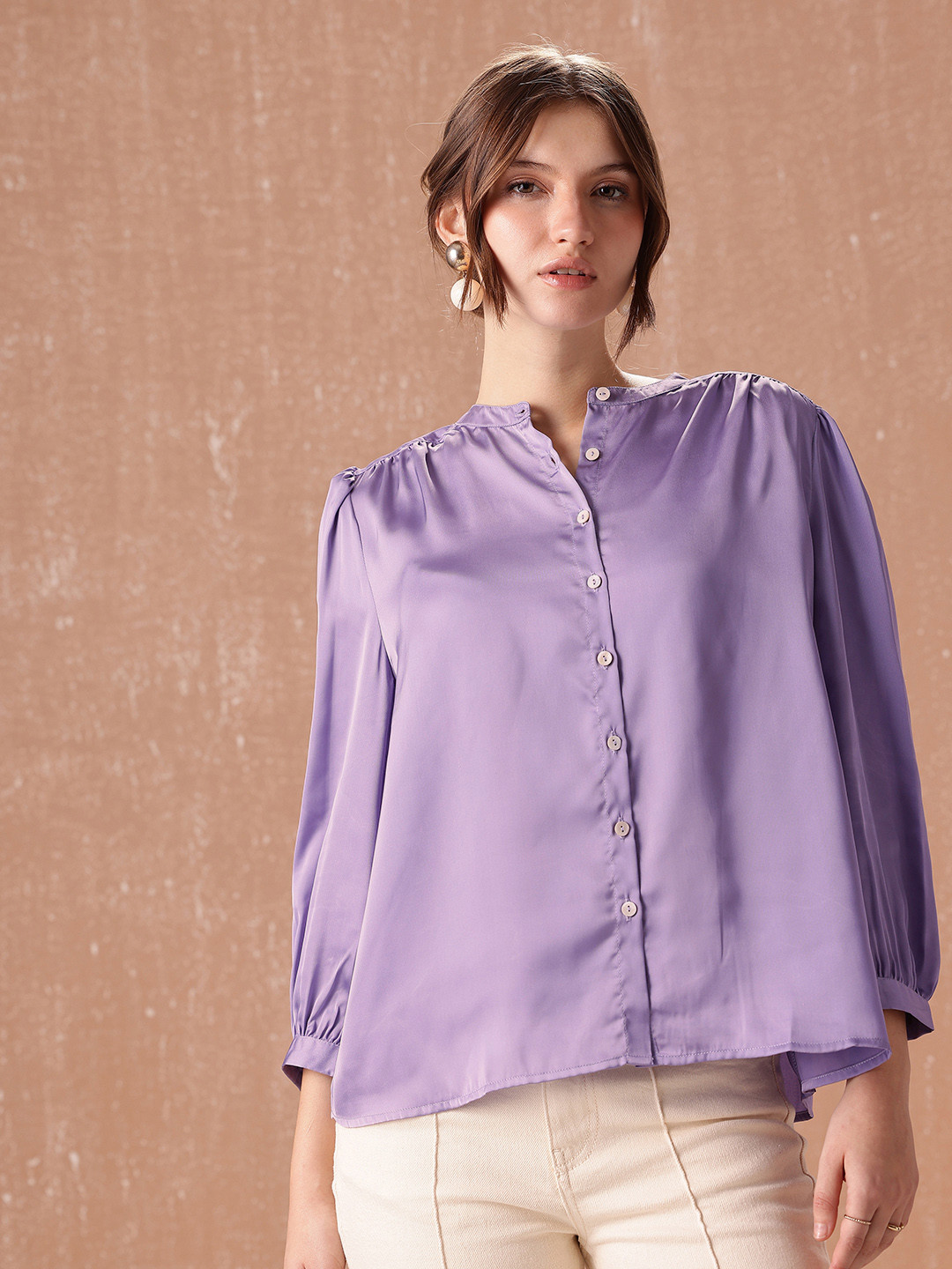 all about you Band Collar Gathers Semiformal Shirt