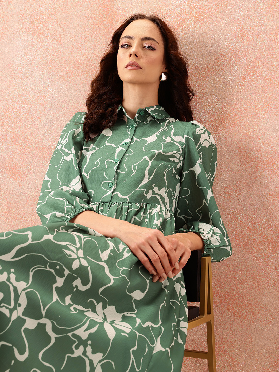 all about you Floral Print Puff Sleeve Shirt Style Formal Dress