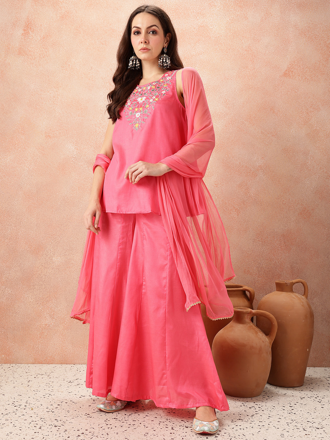 all about you Floral Embroidered Thread Work Detail Satin Kurti with Palazzos & Dupatta