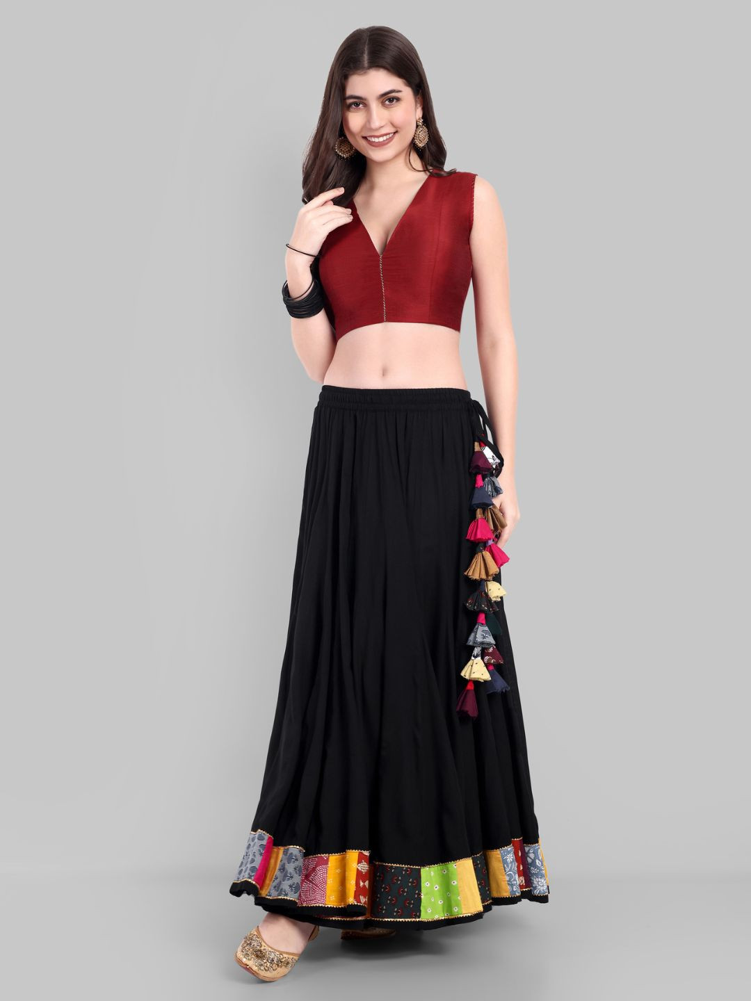 Mera Rang Women Tiered Maxi Flared Skirt with Multi Colour Border