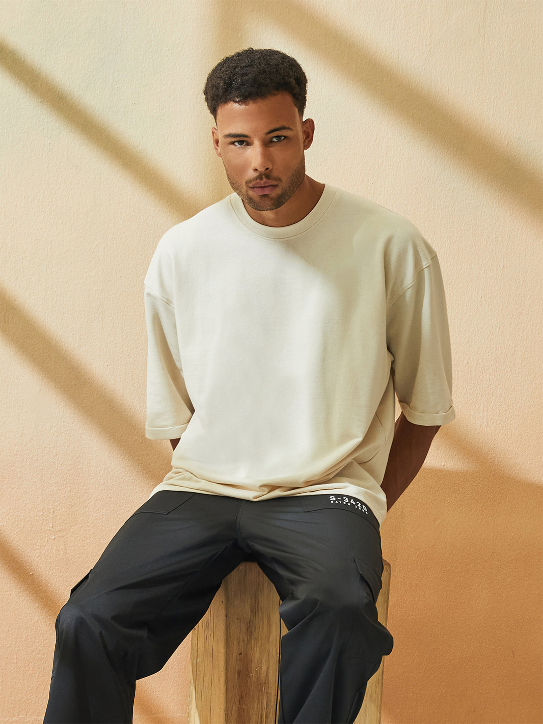 Styli Men Solid Rolled Sleeve Boxy Fit Terry T-Shirt