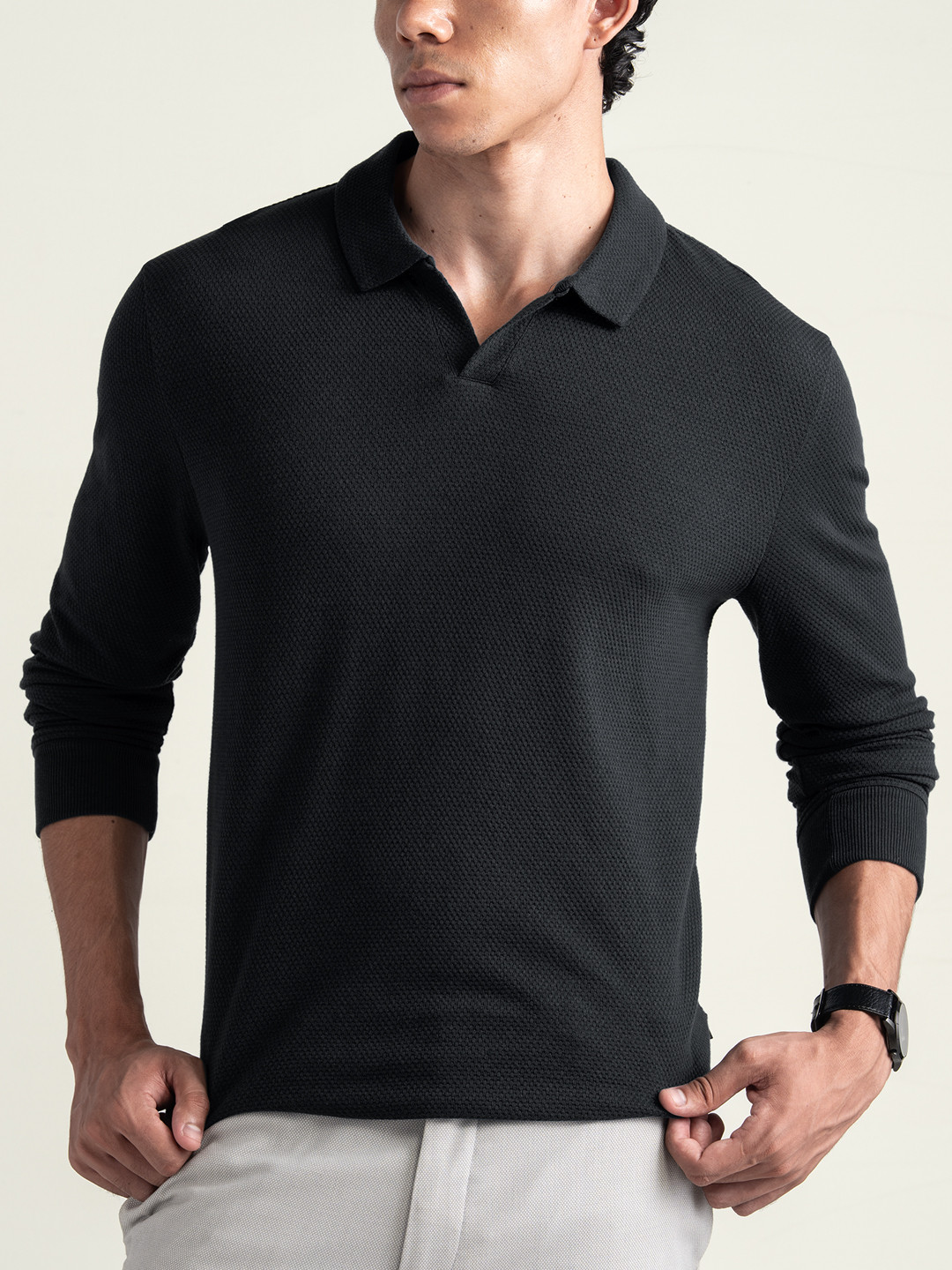 DAMENSCH Statement Popcorn Texture Premium Johnny Collar Full Sleeve Polo T Shirt