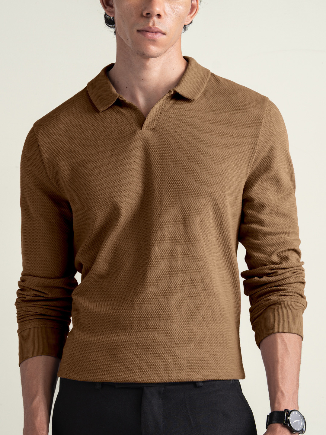 DAMENSCH Statement Popcorn Texture Premium Johnny Collar Full Sleeve Polo T Shirt