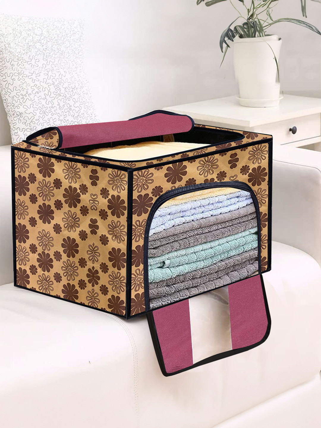 Urban Choice Beige & Brown Floral Printed Metal Storage Organisers