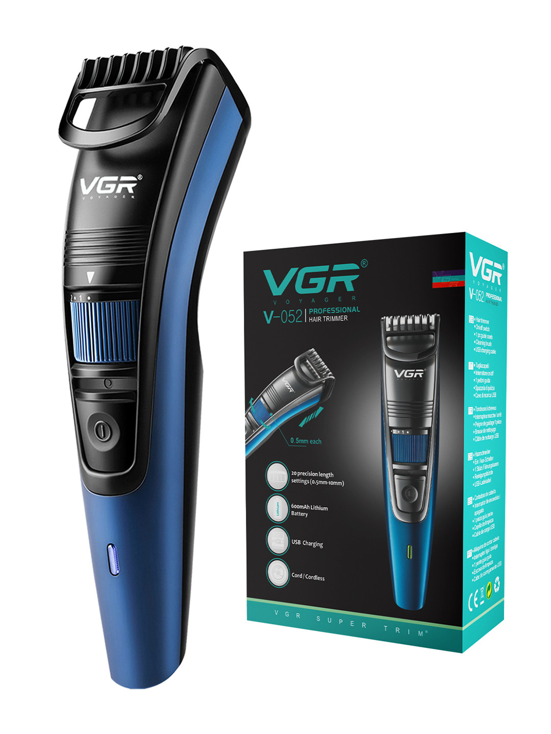 VGR V-052 Professional Hair Trimmer With 20 Precision Length Settings - Blue
