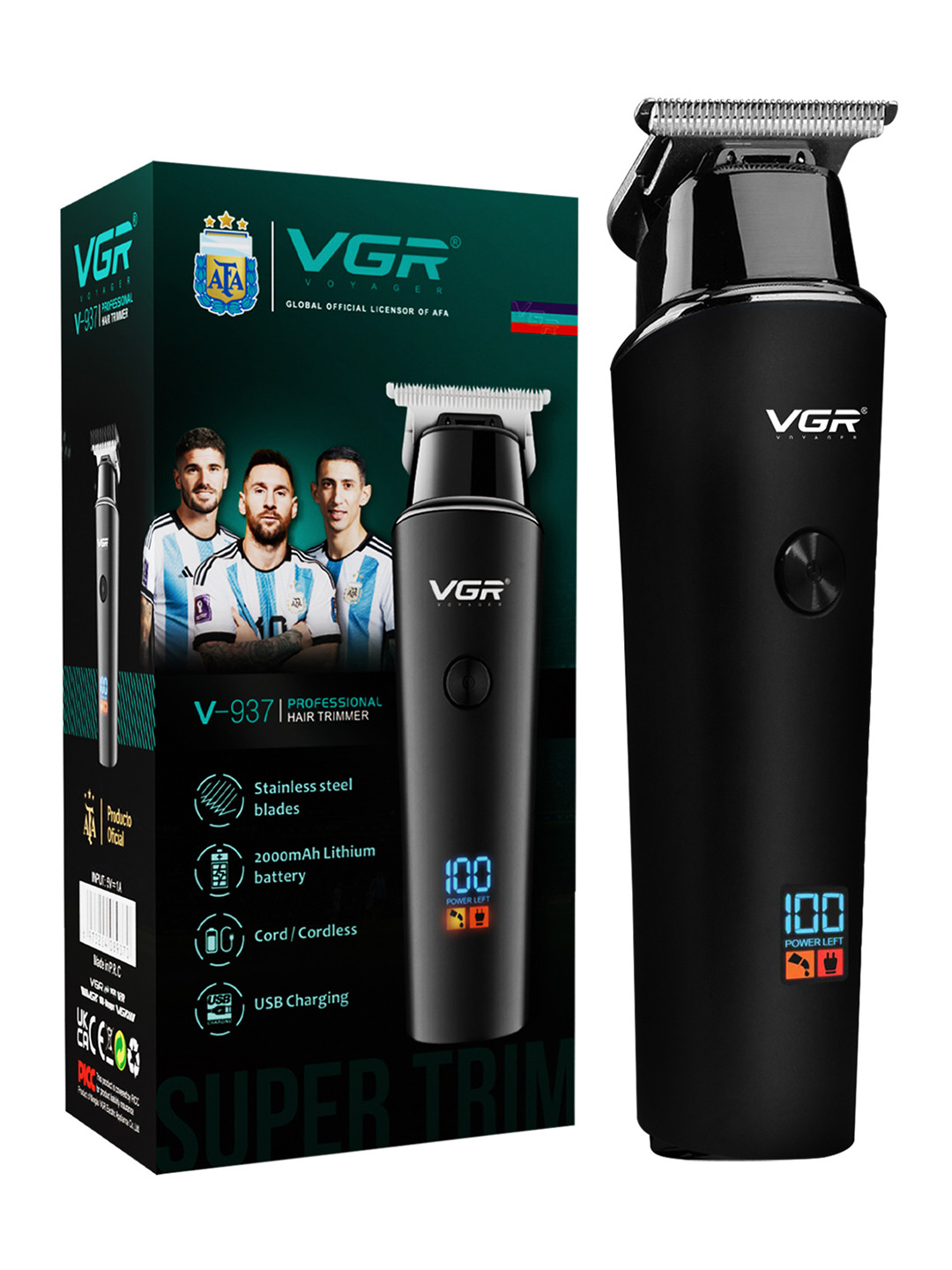 VGR V-937 Professional Hair Trimmer With USB Charging Cable & LED Display - Black