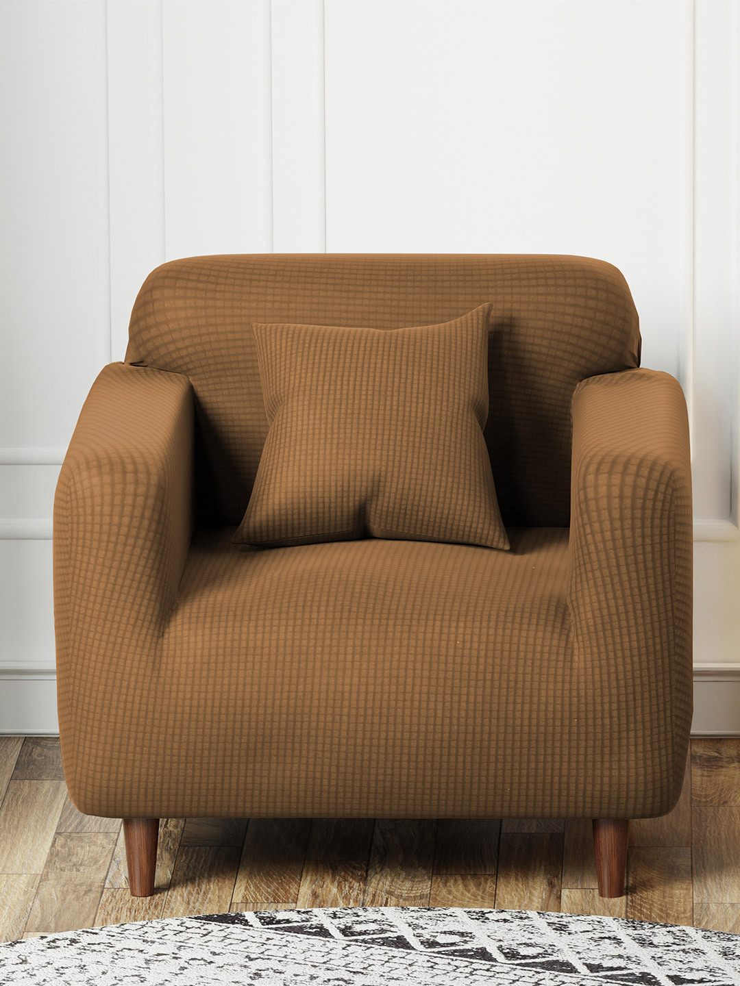 Lukzer Beige Printed Jacquard Elasticated 1 Seater Sofa Cover