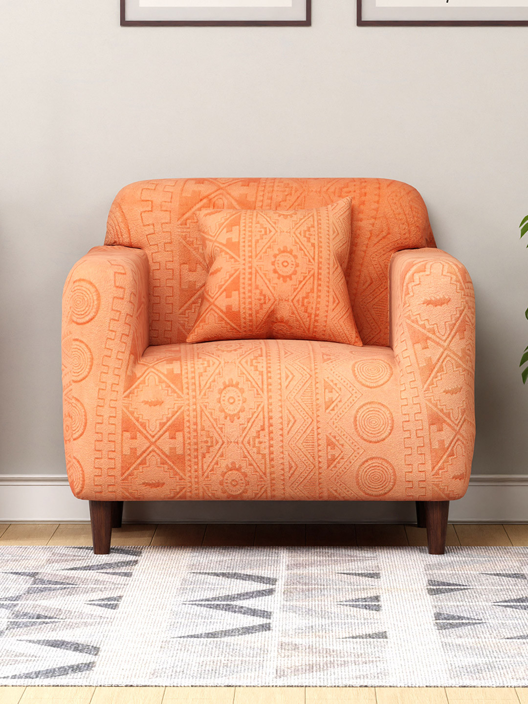 Lukzer Orange Printed Sofa Cover With Arms