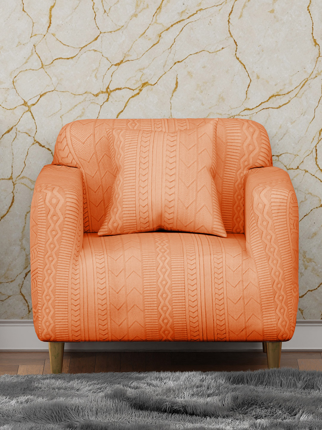 Lukzer Orange Printed Sofa Cover With Arms
