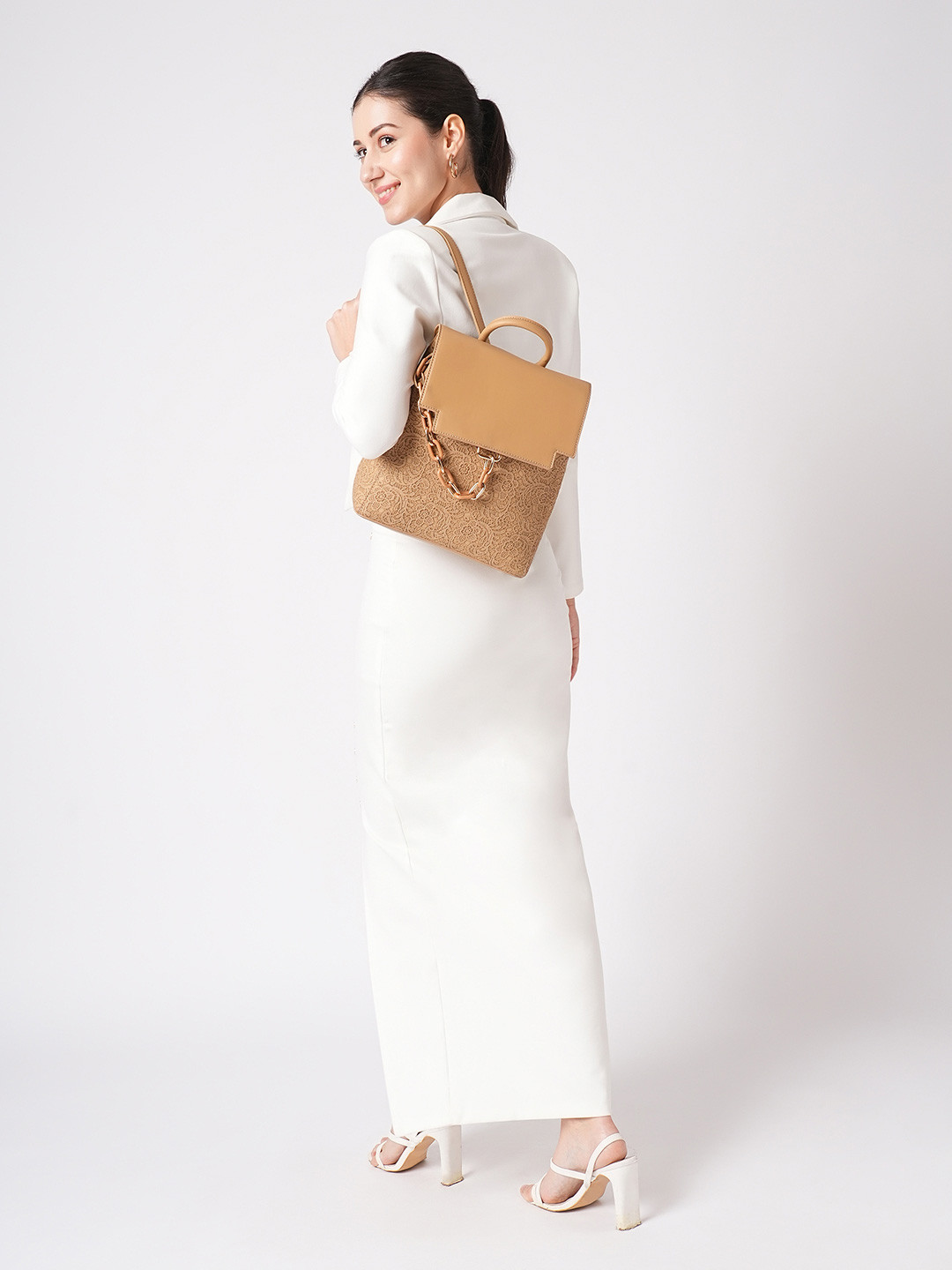 Globus Women Floral Lace & Chain Detail Backpack With Flap Closure