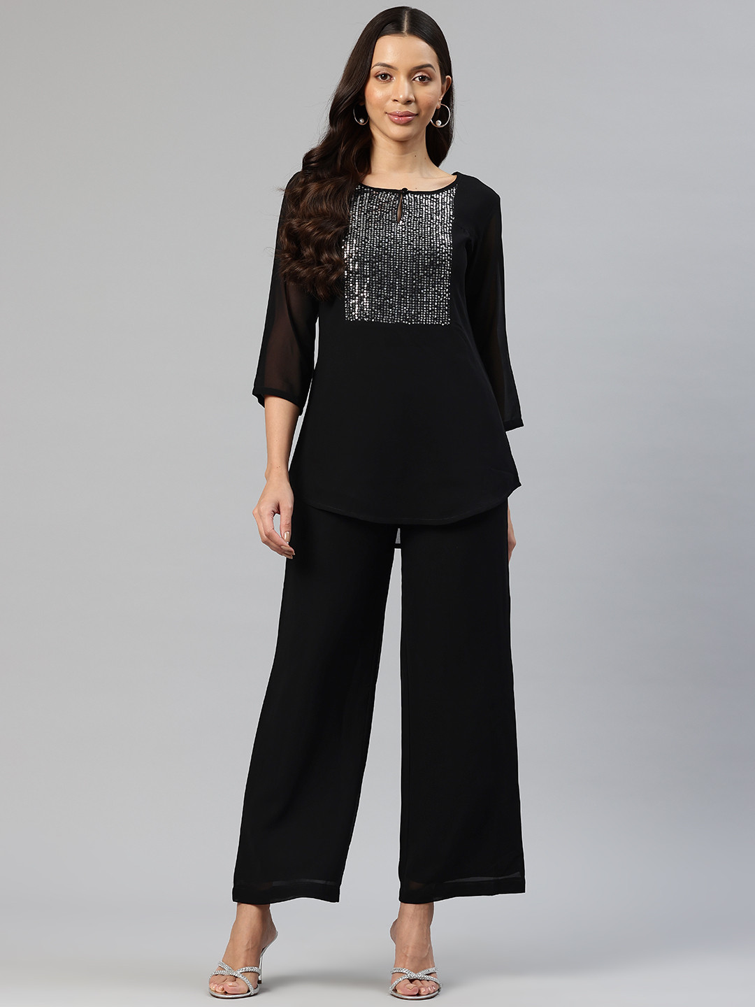 Cottinfab Embellished Yoke Design Top With Palazzos
