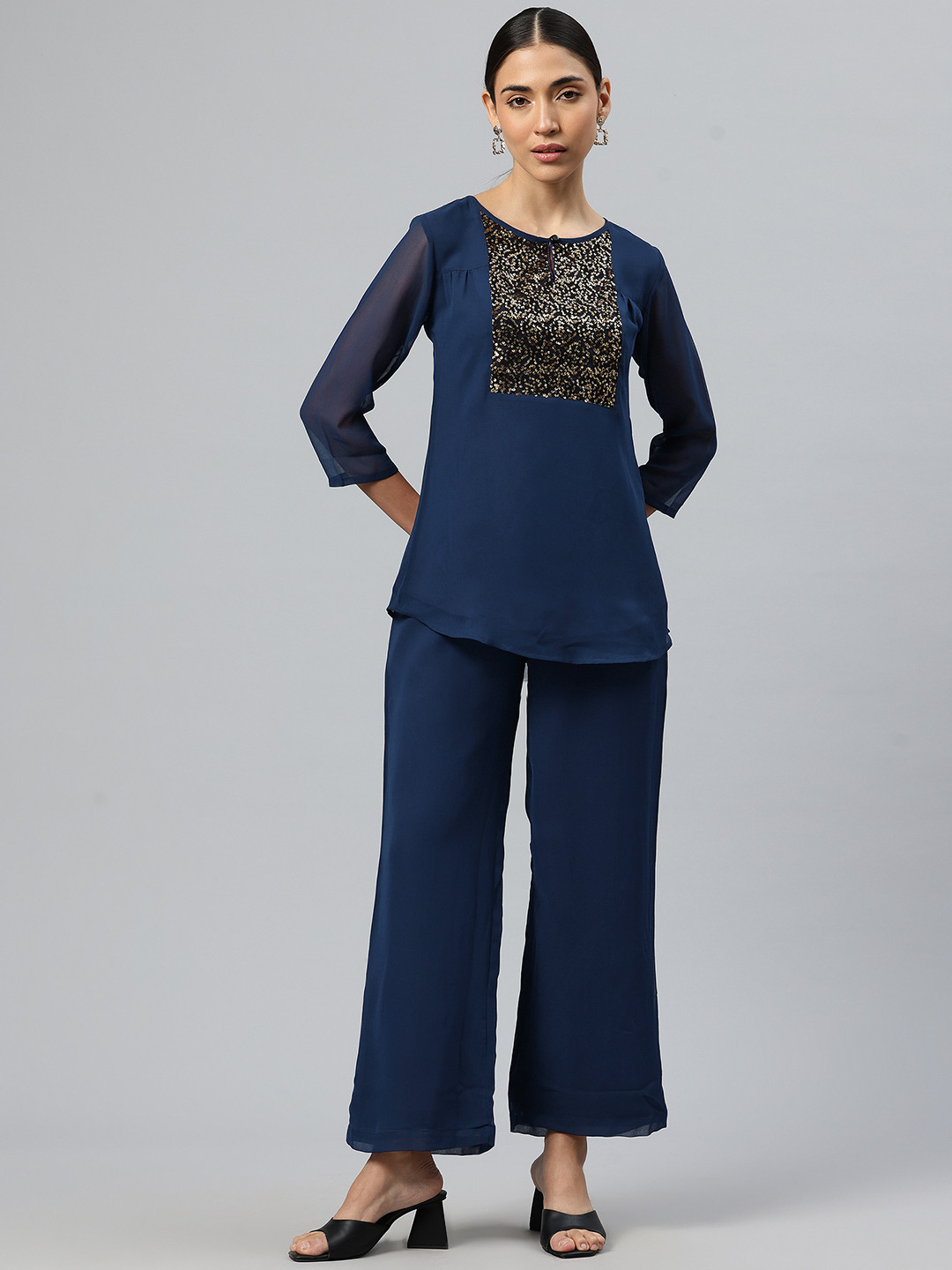 Cottinfab Women Embellished Yoke Design Top With Trousers