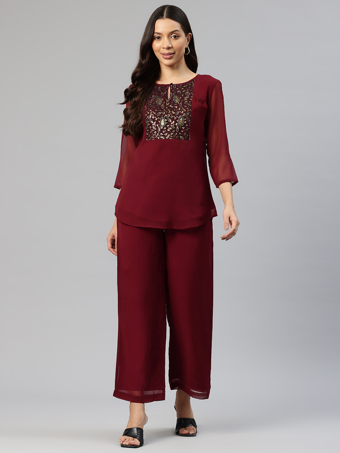Cottinfab Embellished Yoke Design Top With Palazzos