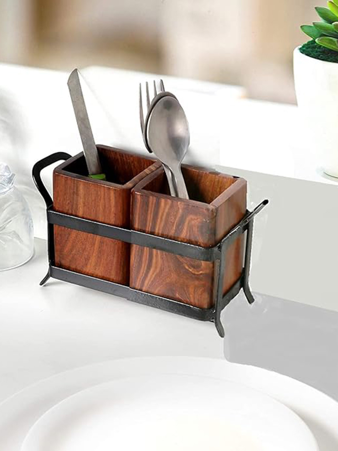 natureCRAFTS Brown & Black 2 Jars Wooden Cutlery Holder