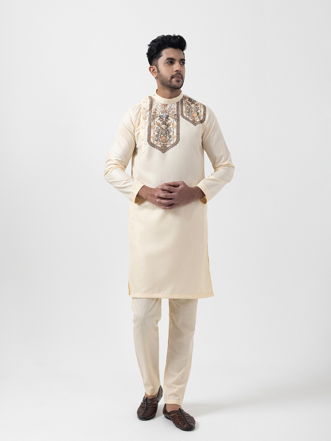 DEVOILER Beige Ethnic Motifs Printed Mandarin Collar Straight Cotton Kurta