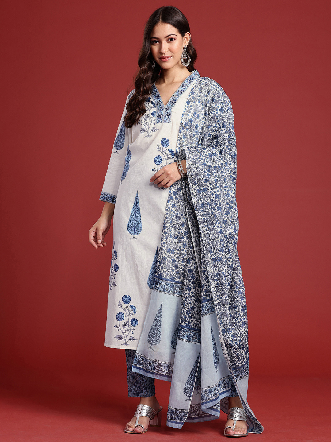 Anouk X fwd Floral Printed Mirror Work Pure Cotton Kurta with Trousers & With Dupatta