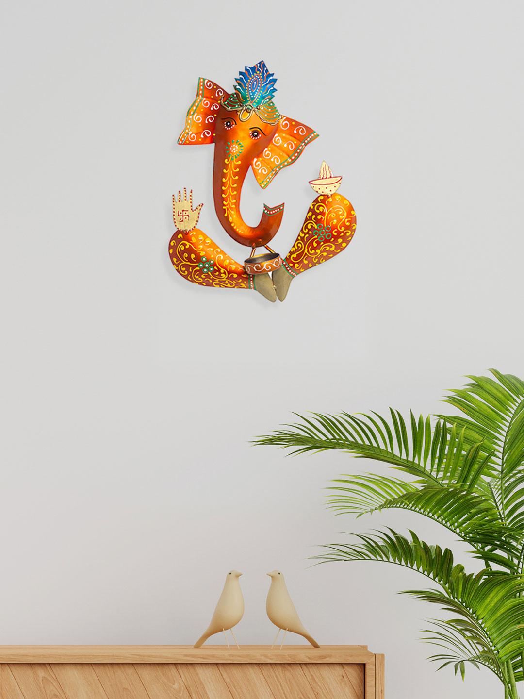 Golden Peacock Ganesha Shape Metal Ethnic Motifs Matte Hall Spiritual Wall Decor-11.4In