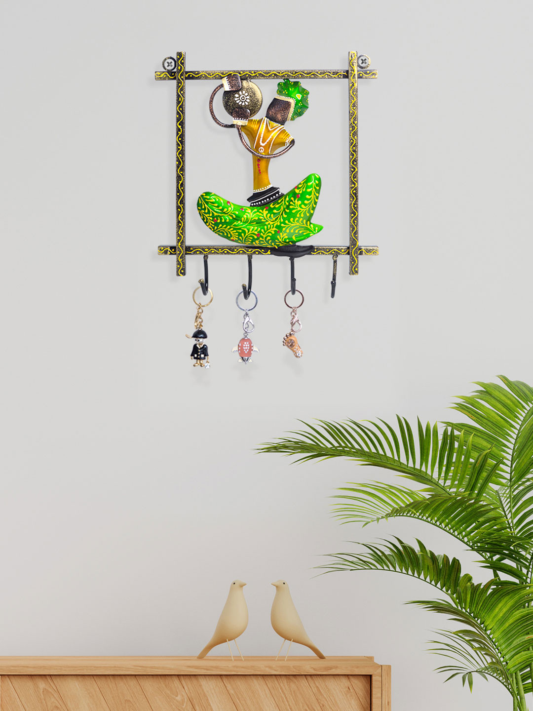 Golden Peacock Green & Yellow Textured Key Holder With 4 Knobs