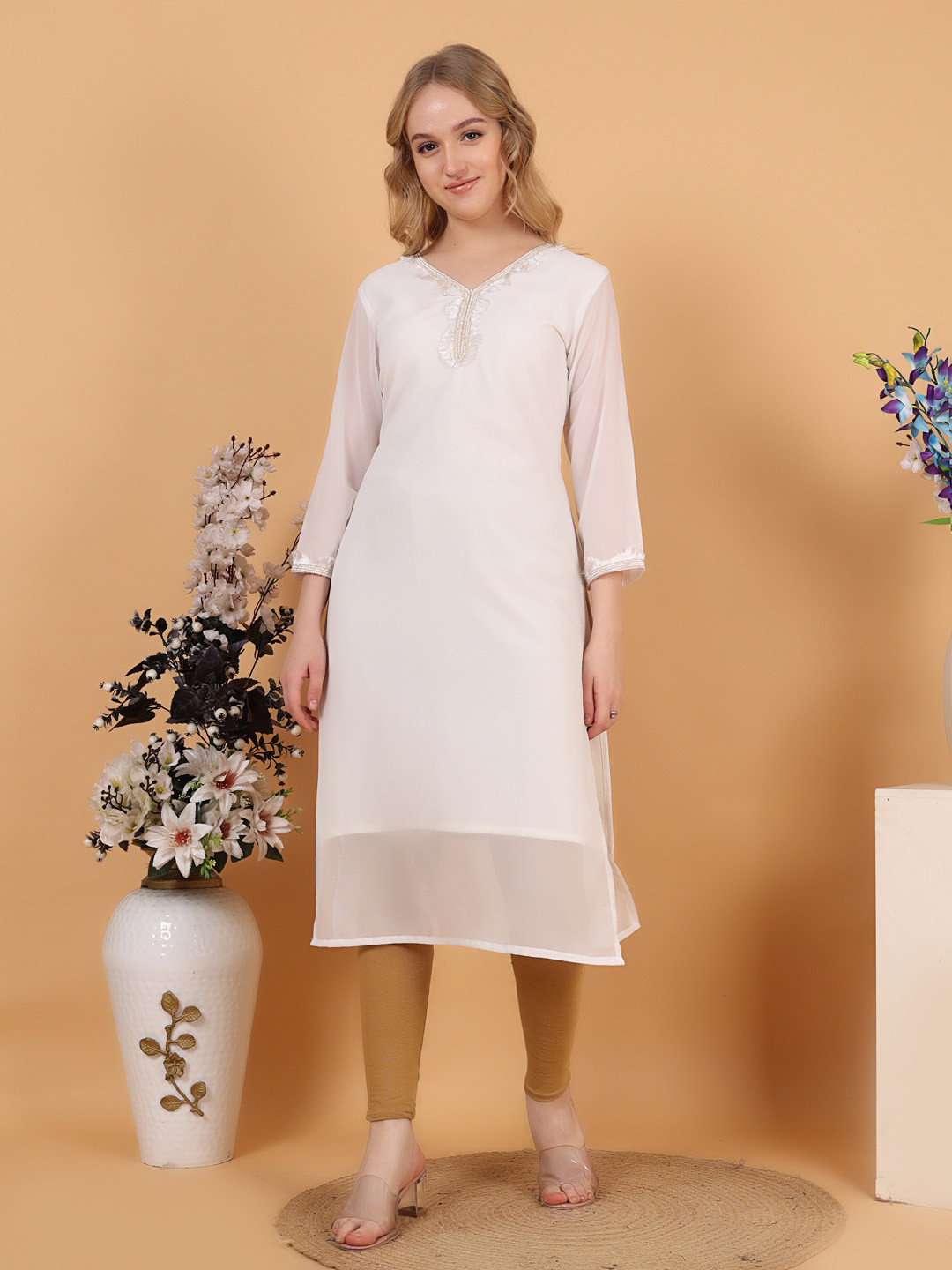 Tulip Eden Women V-Neck Thread Work Straight Kurta