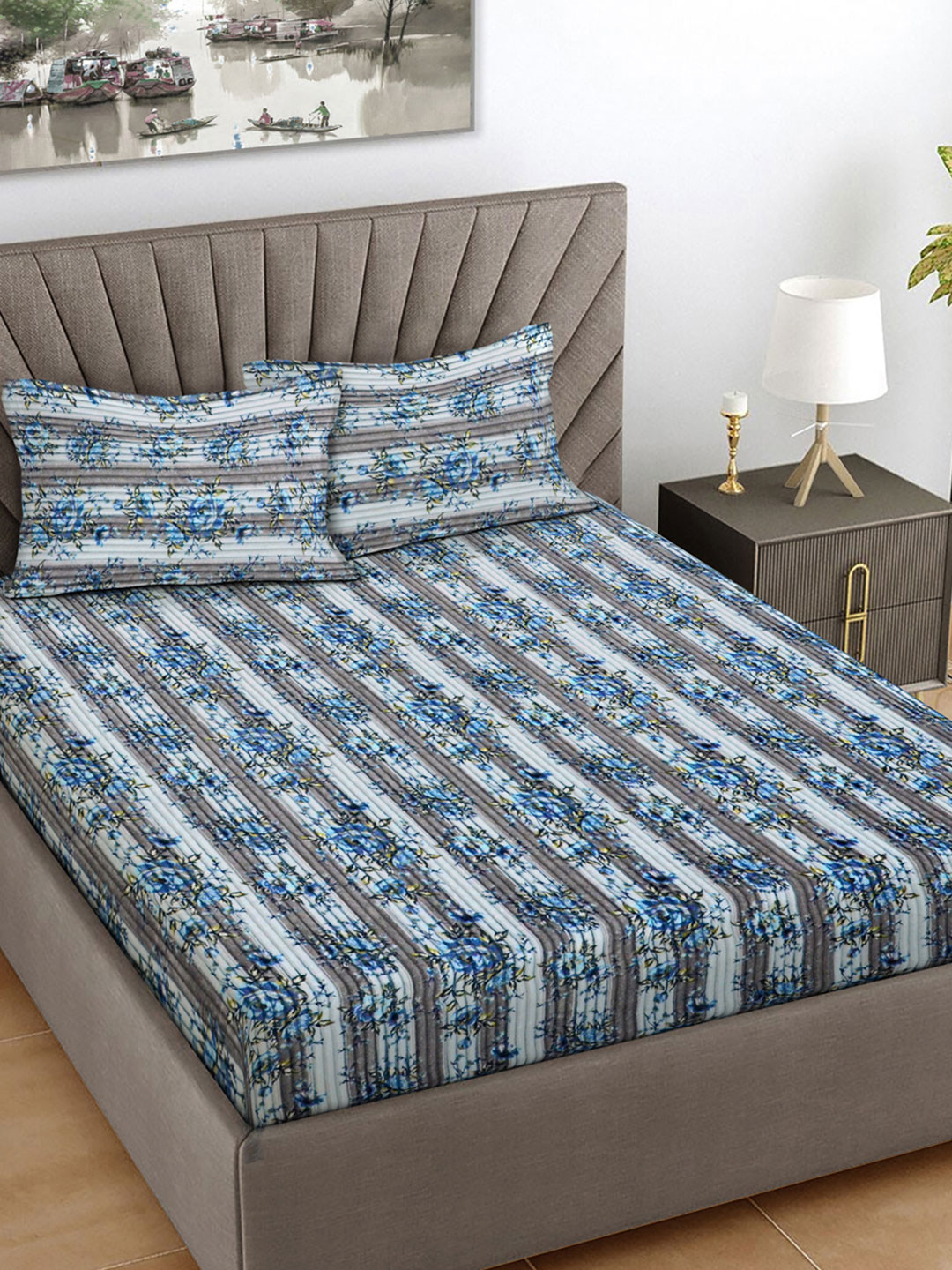 FABINALIV Woollen Blue Floral Wool Skin-Friendly 300 TC Fitted King Fine Bedsheet with 2 Pillow Covers-98 x 87 inches