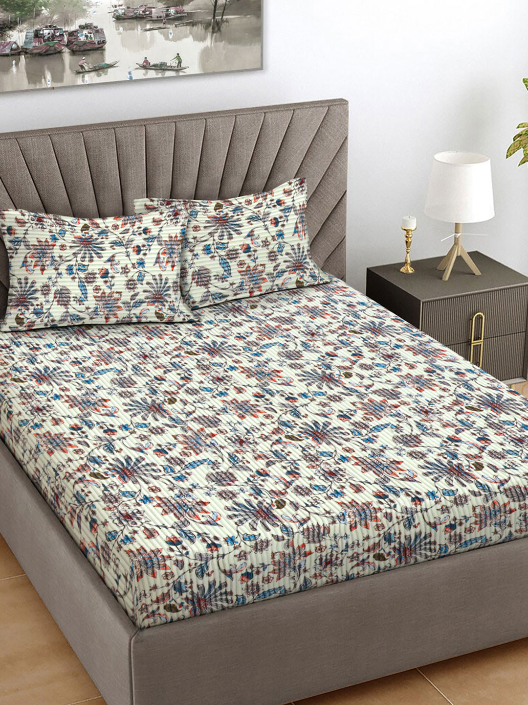 FABINALIV Off White Floral Wool Skin-Friendly 300 TC Fitted King Fine Bedsheet with 2 Pillow Covers-98 x 87 inches