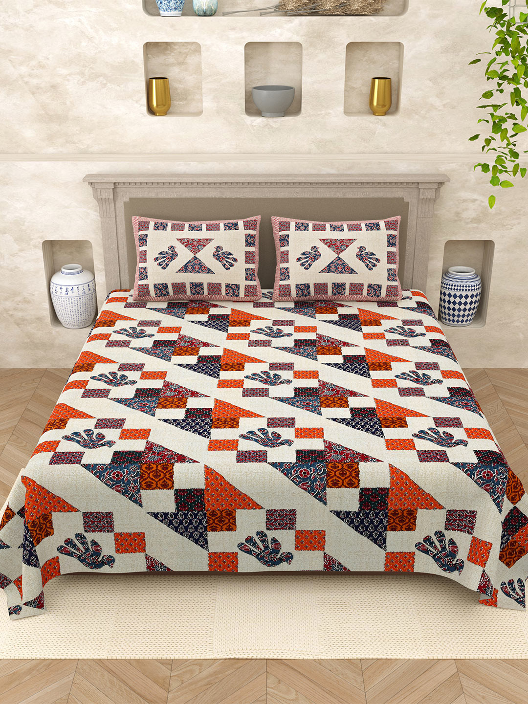 Varde Opulent Collection Blue Ethnic Motifs Cotton 210 TC King Fine Bedsheet with 2 Pillow Covers-98 x 106 inches