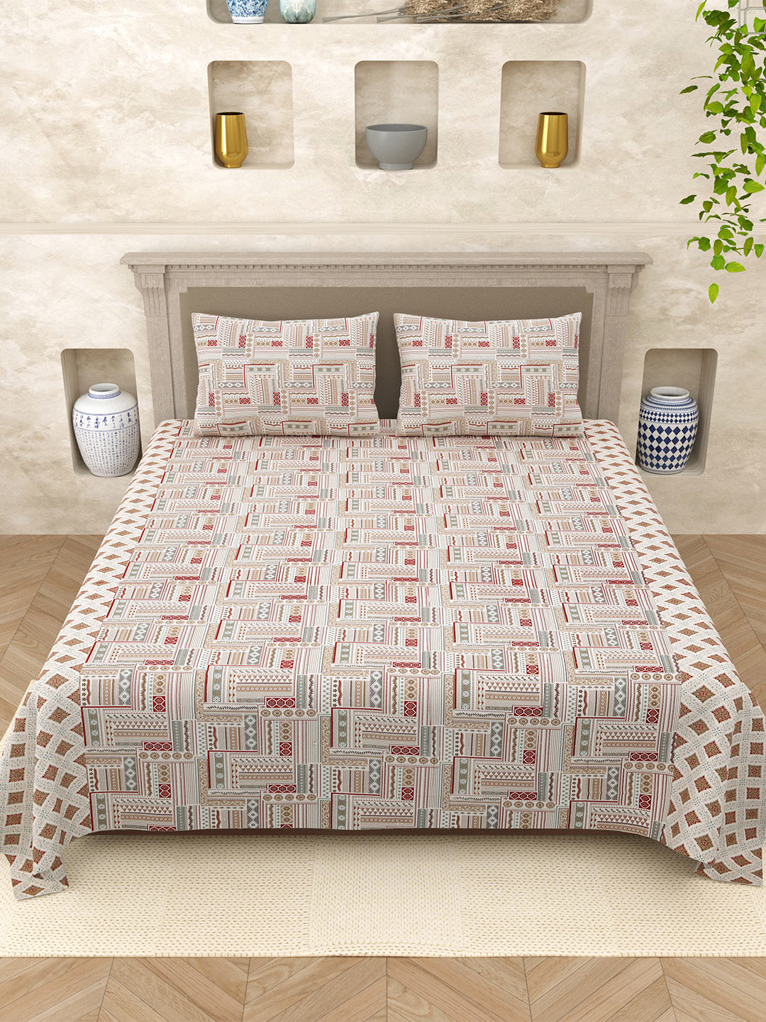 Varde Red Geometric Pure Cotton 210 TC Queen Fine Bedsheet with 2 Pillow Covers-220 x 265 cm