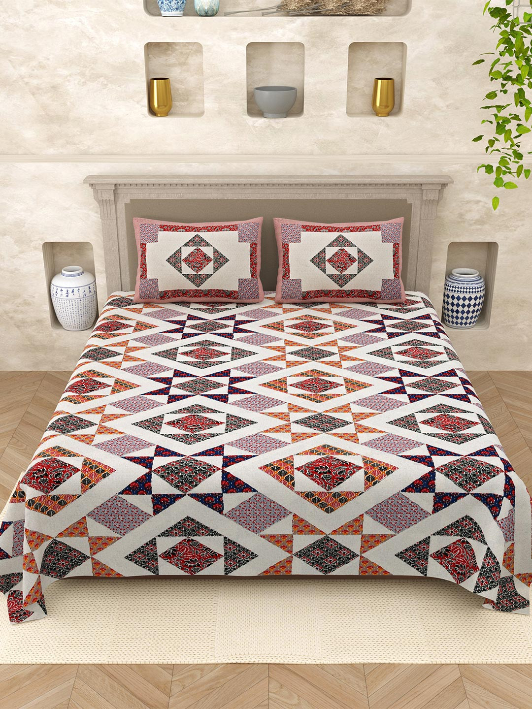 Varde Opulent Collection White Ethnic Motifs Cotton 210 TC King Fine Bedsheet with 2 Pillow Covers-98 x 106 inches