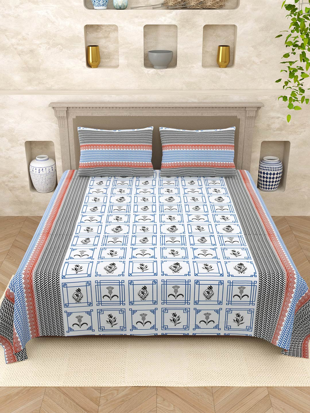 Varde Black Ethnic Motifs Cotton 210 TC Queen Fine Bedsheet with 2 Pillow Covers-220 x 265 cm