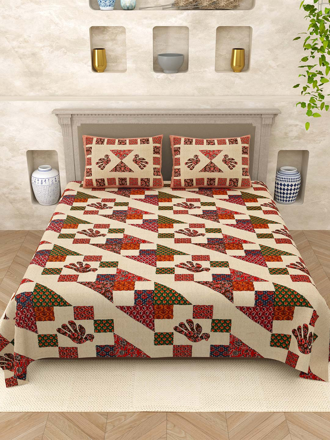 Varde Opulent Collection Brown Ethnic Motifs Cotton 210 TC King Fine Bedsheet with 2 Pillow Covers-250 x 270 cm