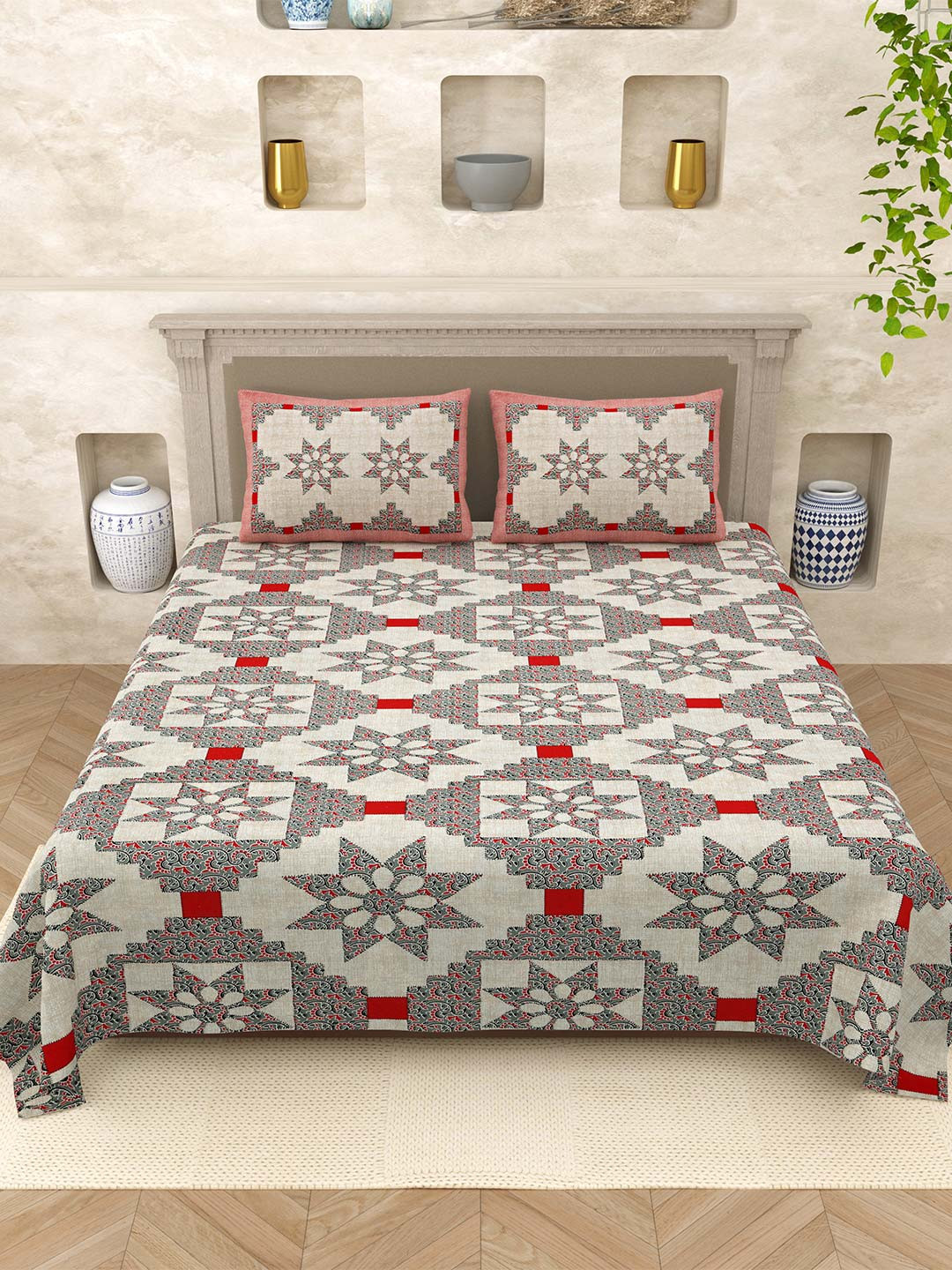 Varde Opulent Collection Grey Ethnic Motifs Cotton 210 TC King Fine Bedsheet with 2 Pillow Covers-98 x 106 inches