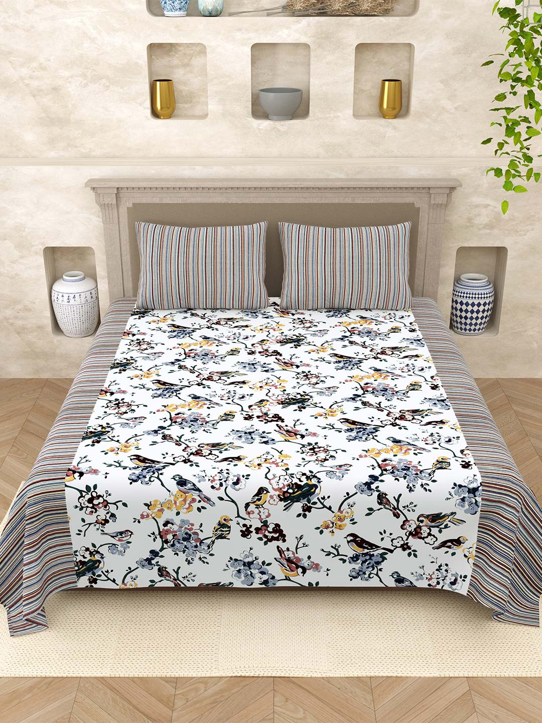 Varde Elegant Selection White Graphic Cotton 210 TC Queen Fine Bedsheet with 2 Pillow Covers-87 x 104 inches