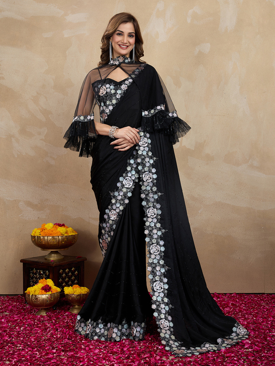 Trendmalls Striped Beads and Stones Satin Heavy Work Saree