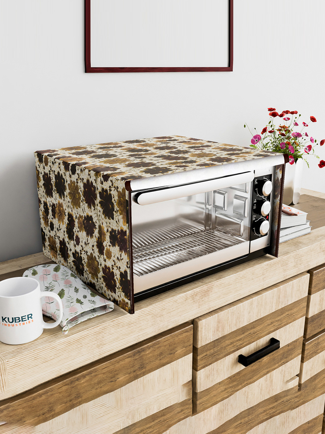 Kuber Industries Brown & Off White Printed Microwave Oven Cover