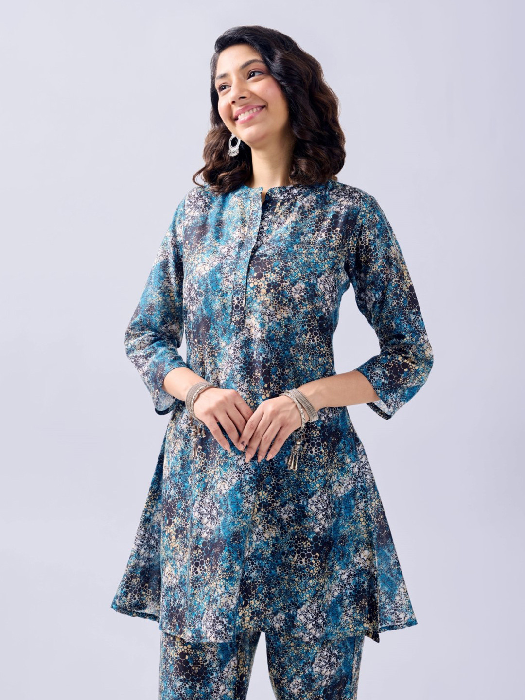 KALINI Women Mandarin Collar Abstarct Printed A-Line Dress