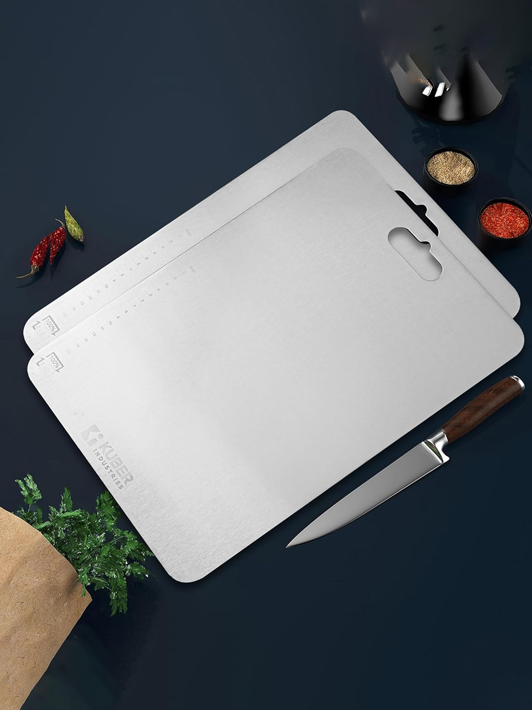 Kuber Industries Silver Toned 2 Pieces Stainless Steel Chopping Board