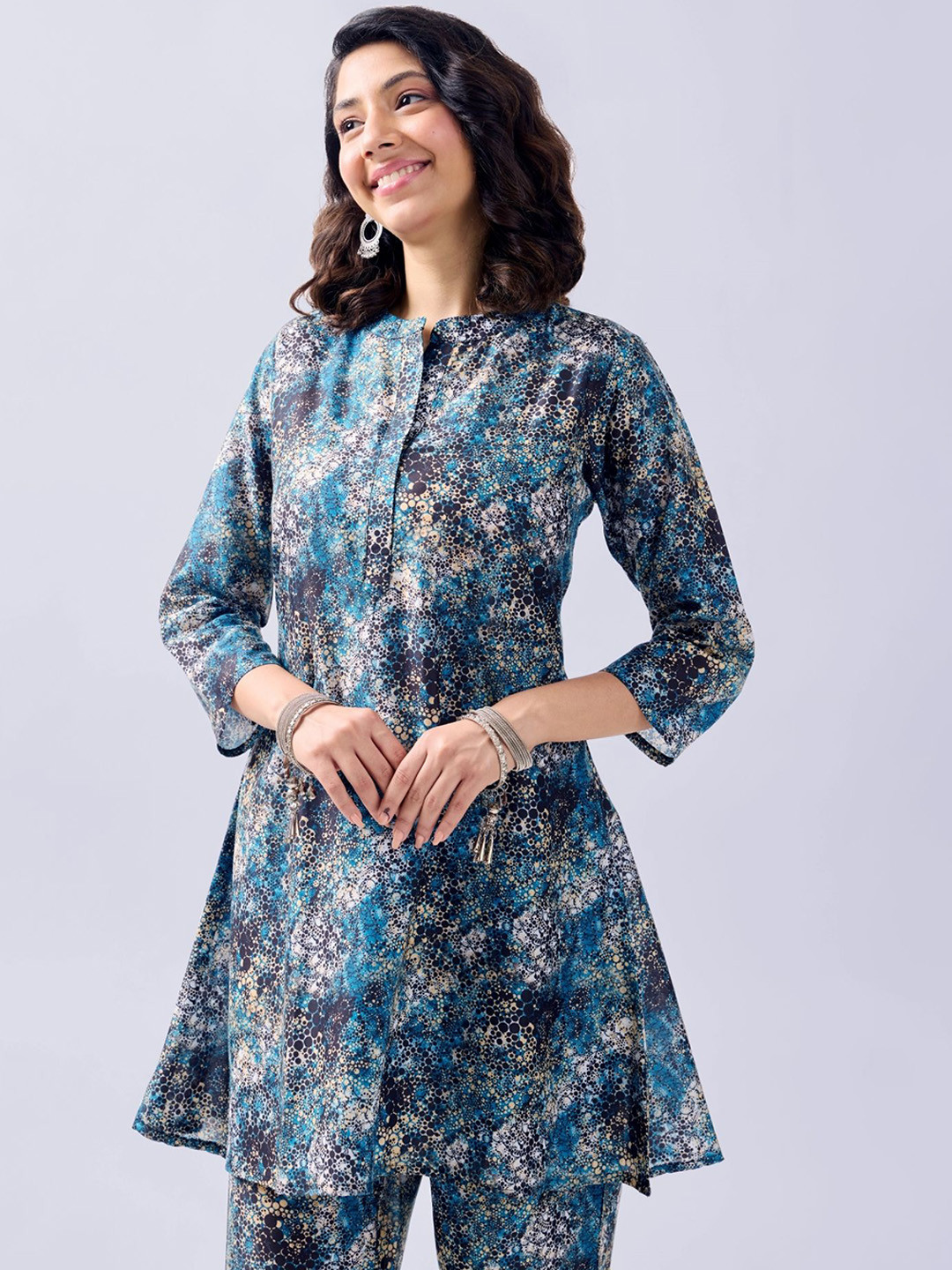 BAESD Abstarct Printed Mandarin Collar Muslin A-Line Kurta With Trouser