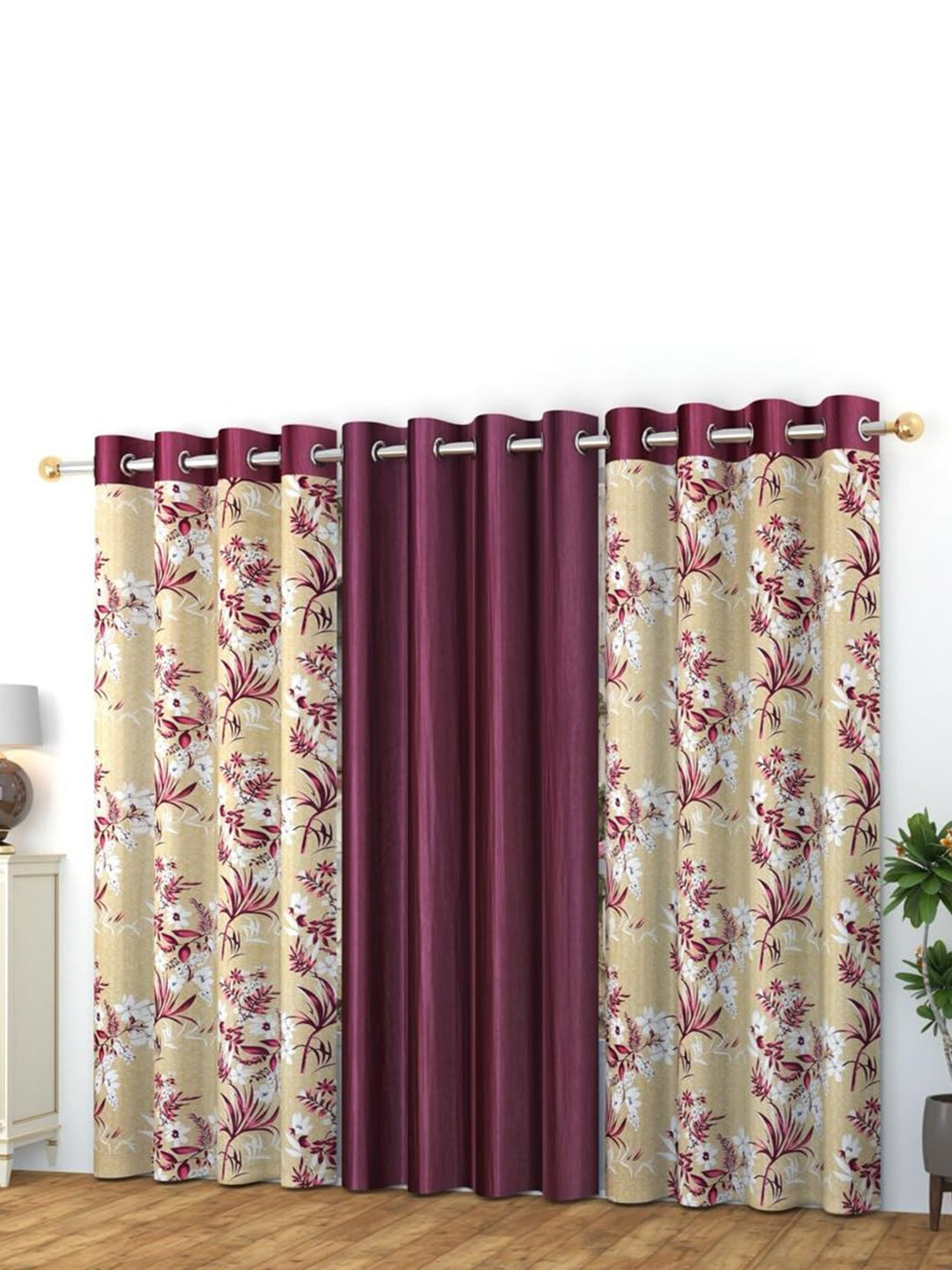 Banchmark Home Furnishings Maroon 3 Pieces Floral Printed Black Out Long Door Curtain