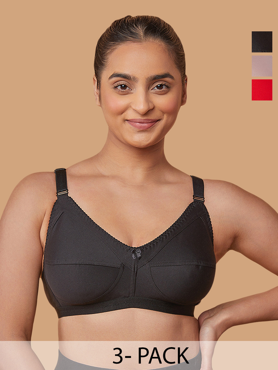 MAASHIE M307 Pack of 3 Non Padded Everyday Minimizer Bra MFWN-RD-BLK